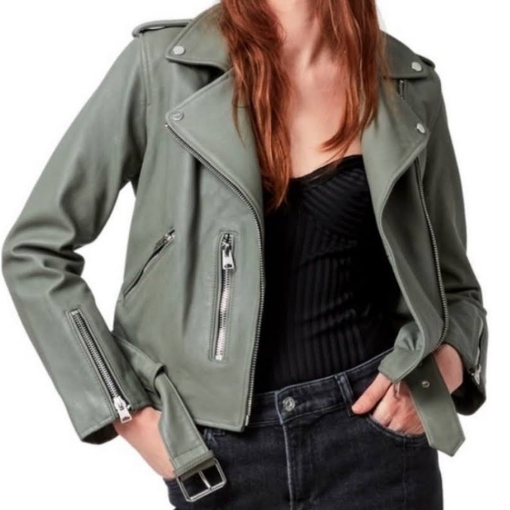 NEW ALL SAINTS Balfern Leather Biker Jacket In Sage Green, Size 2 - Picture 3 of 16